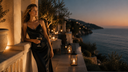 A woman in a black dress holding a glass on a candlelit terrace overlooking the sea at dusk.