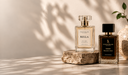 Two perfume bottles from Signatory Bellars Apothecary displayed on a stone slab against a wall with leaf shadows. The left bottle is clear glass with a cream label reading 'BELLA', and the right bottle is dark amber glass with a black label reading 'EMER BLACK OUD'.
