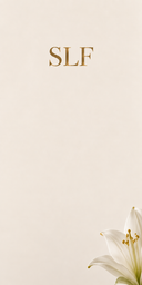 Minimal cream-colored card or print with the letters 'SLF' in gold near the top and a white lily flower in the lower right corner.