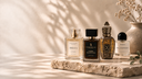 Four perfume bottles arranged on a stone slab with a warm neutral background and soft leaf shadows. The bottles include Bella, James Black Oil, X, and Bal d'Artigle, styled with a ceramic vase of dried flowers.