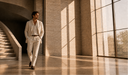 A man in a light beige suit walks through a sunlit modern building lobby with stone walls, a staircase, and large windows.